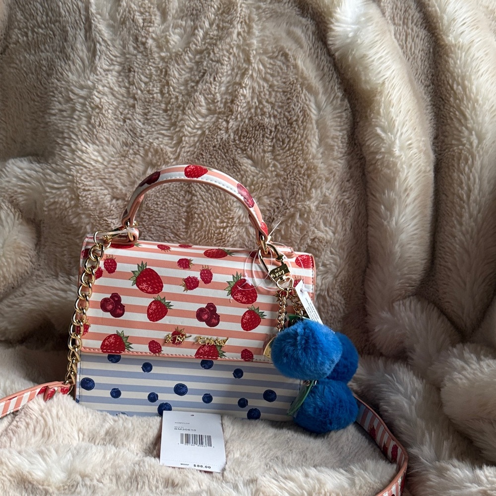 Betsey Johnson Red and Blue Striped Mini Bag with Fruit Print